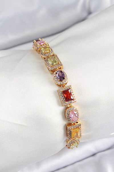 callerrons accessories Brass Mixed Zircon Stone Baguette Model Gold Color Vip Series Women's Bracelet - Ebj250726W36772
