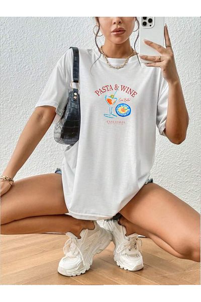 OFFSIDESIGN Women's Oversize White Combed Cotton T-Shirt Cake Wine Printed Design Wide Fit Women's T-Shirt Short Sleeve