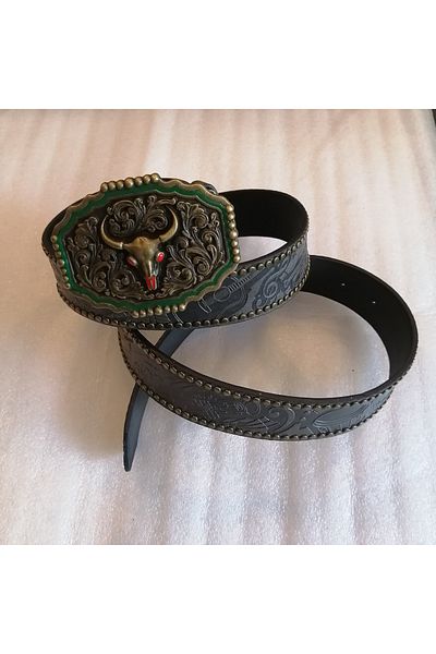 Butik Tülin Unisex Authentic Faux Leather Gray Musical Instrument Printed Bronze Floral Buffalo Skull Cowboy Buckle Belt
