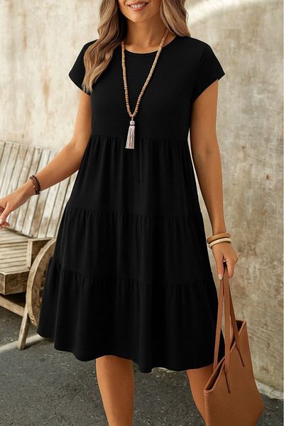 Viyamo Rochie de damă cu mâneci scurte, cu decolteu, cu modele, cu volane, din tricou din noua sezon