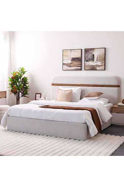 Danube Home Frazer 180x200 Upholstered King Bed - White/Natural Oak L217xW205xH125cm