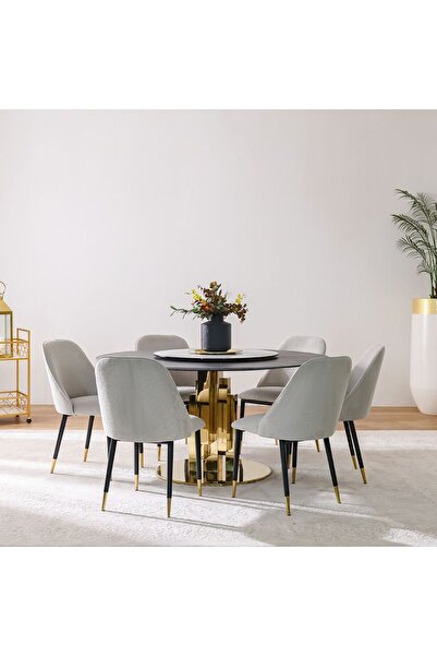 Danube Home Luceris 1 + 6 Seater Stone Dining Set with Lazy Susan - Black/Gold