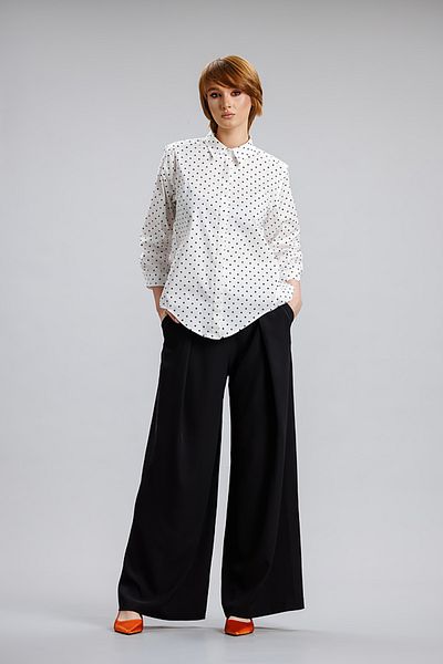 RVL Asymmetric white/polka dot cotton shirt with 3/4 sleeves