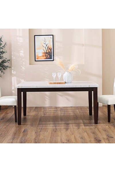 Danube Home طاولة طعام برودي رخامية بستة مقاعد - أبيض/جوزي داكن - خشب صلب - ض...