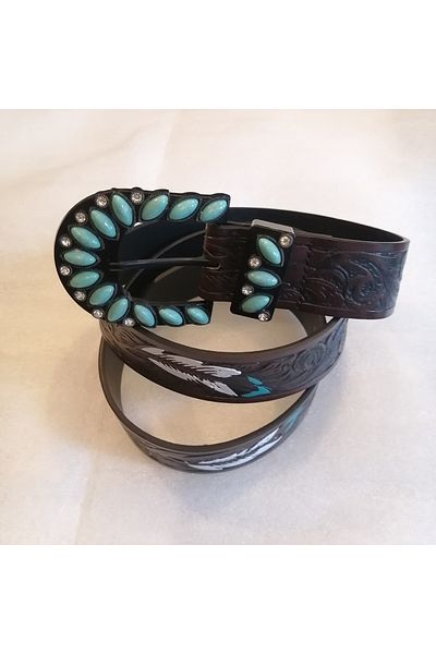 Butik Tülin Unisex Authentic Faux Leather Leaf Feather Printed Coffee Black Turquoise Shiny Stone Cowboy Buckle Belt