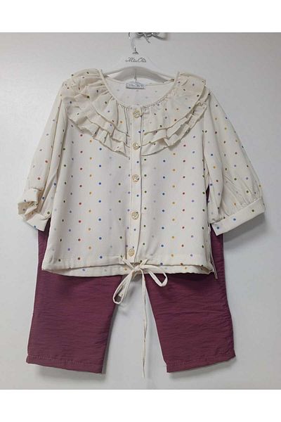 Miss Olix Ruffle Collar Buttoned Waist Tightening Blouse and Parachute Fabric Pocketed Trousers