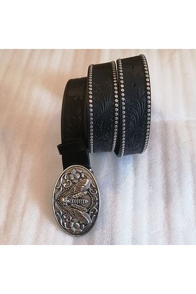 Butik Tülin Unisex Authentic Faux Leather Black Leaf Skull Printed Silver Flower Butterfly Cowboy Buckle Belt