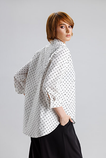 RVL Camasa asimetrica alb/buline din bumbac cu maneca 3/4