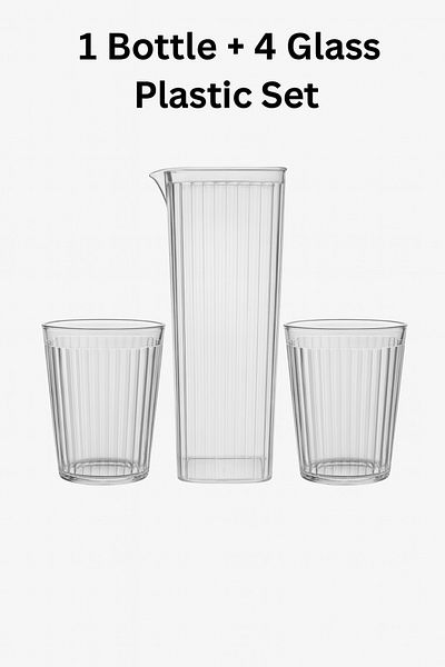 TSUMAB Blinkmax Plastic Water Jug Set – 1 Jug + 4 Glasses – Clear Ribbed Design