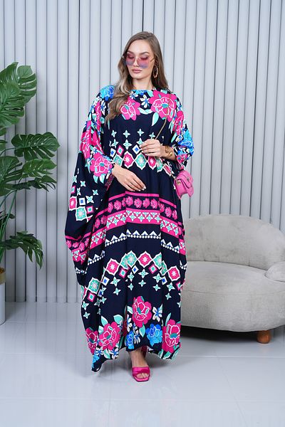 EL jadida Women's Patterned Plus Size Viscose Dress Navy Blue 4012