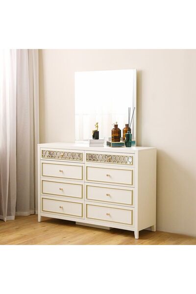 Danube Home Hernan Dresser with Mirror - White Glossy & Golden Finish, Stylish Bedroom Storage, 145x42x187cm