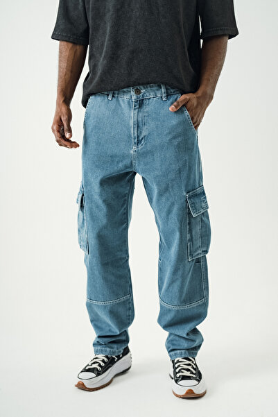 Denim Republic Mavi Baggy Kargo Pantolon Cepli