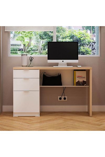 Danube Home Barbados Office Desk with 2 Drawers & 1 Door + Shelf - White/Oak L119xW47xH75cm