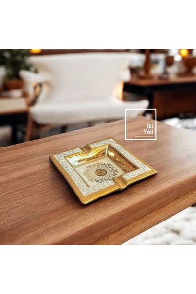 77 Tominay 77-1 Altın Desenli Seramik Küllük Kare Model Lüks Masa Üstü Küllük Dekoratif Obje Hediyelik
