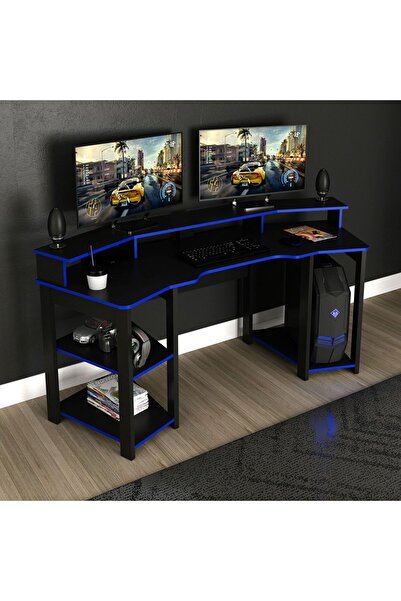 Danube Home Atlaz Large Gaming Desk - Blue/Black L186.6xW70xH89.5cm