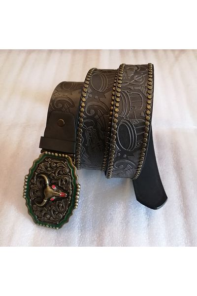 Butik Tülin Unisex Authentic Faux Leather Gray Musical Instrument Printed Bronze Floral Buffalo Skull Cowboy Buckle Belt