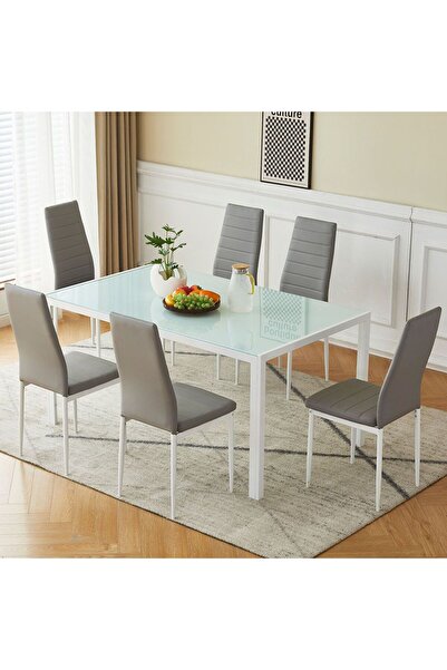 Danube Home Yattin 1+6 Glass Dining Set - White / Light Grey