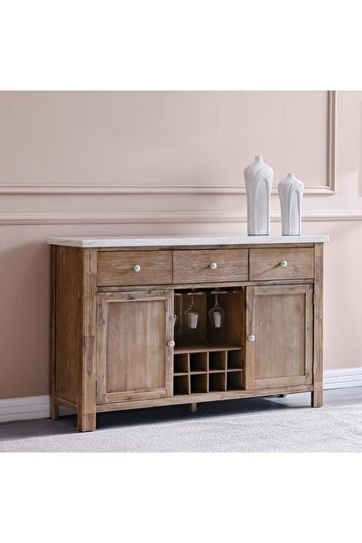 Danube Home طاولة بوفيه من كاريسا بسطح رخامي - خزانة بثلاثة أدراج وثلاثة أبواب، باللونين الأبيض والبلوط الطبيعي، ضمان لمدة عامين