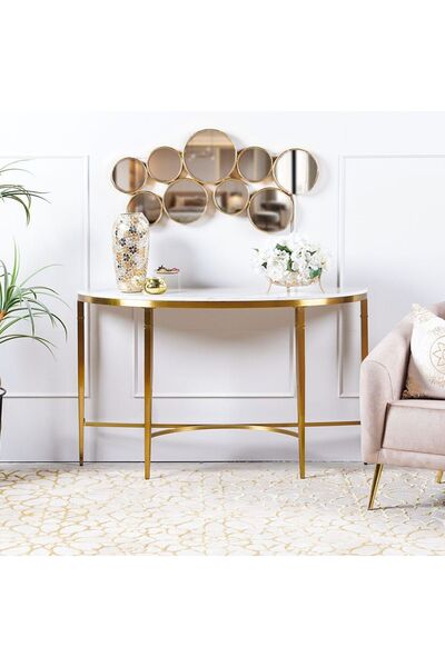 danube طاولة كونسول ذات انحناءات جانبية - معدن أبيض وذهبي مصقول، أثاث أنيق لغرفة المعيشة، 131×41×81 سم