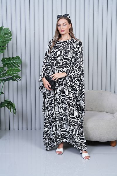 EL jadida Women's Patterned Plus Size Viscose Dress Black-White 4039