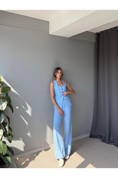 AlisaSu Set pantaloni vestă de in Bari Blue cu guler pătrat