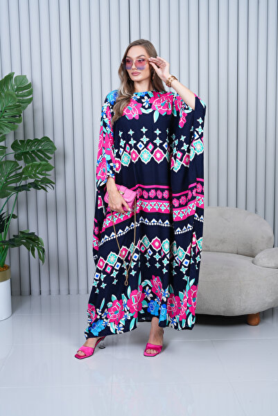 EL jadida Women's Patterned Plus Size Viscose Dress Navy Blue 4012