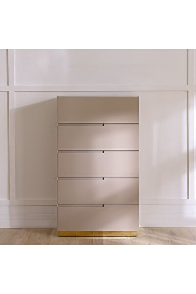 Danube Home Allayal 5 Drawer Chest of Drawers - Elegant White/Beige/Gold MDF & Solid Wood Storage Cabinet