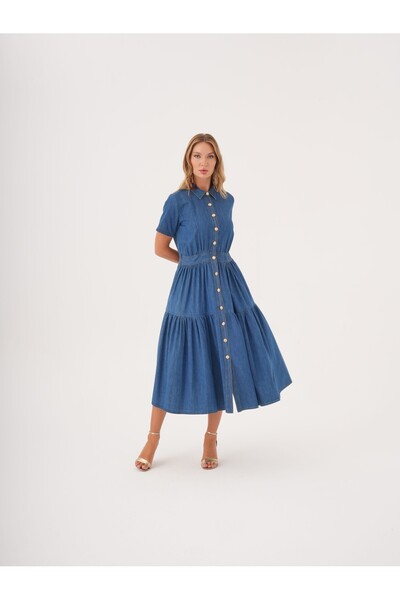 SERPİL Kısa Kollu Düğmeli Katlı Denim Gömlek Elbise
