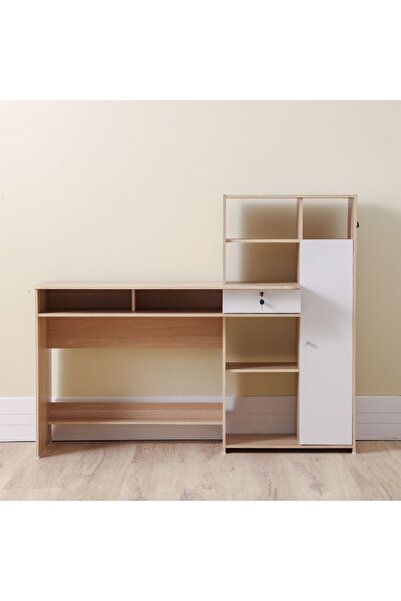 Danube Home مكتب دراسة إستونيا مع باب ودرج ورفوف - أبيض/بلوط، الطول ١٤٠ سم × ...