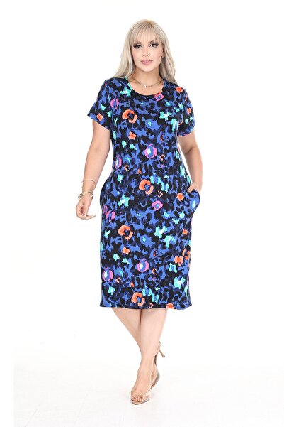 modayız Plus Size Lycra Viscose Pocket Patterned Dress 44B-2697
