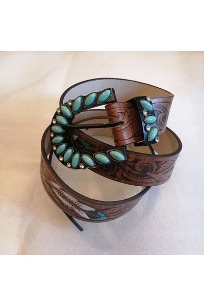 Butik Tülin Unisex Authentic Faux Leather Leaf Feather Printed Coffee Black Turquoise Shiny Stone Cowboy Buckle Belt