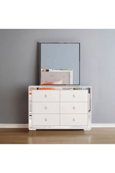 Danube Home Ezekiel Dresser with Mirror - Elegant White & Silver Bedroom Storage, 115x40x81cm, 2 Years Warranty