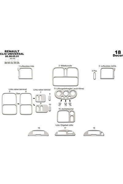 Marscockpitdesign رينو كليو مطلي بالألمنيوم 1998-2001 18 قطعة