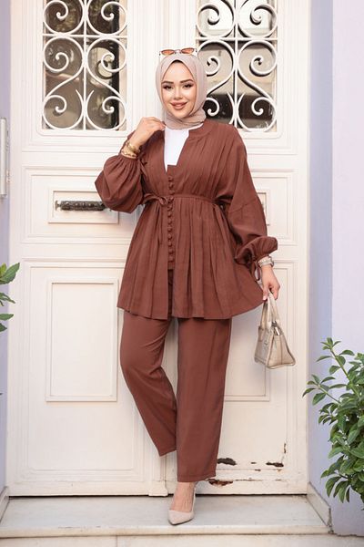 N.S NEVA STYLE Set dublu Hijab ciocolată cu detaliu de pile 19031CK