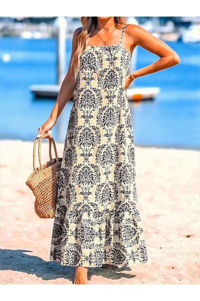 Modayakamoz New Season Women's Rope Strap Patterned Ruffle Single Jersey Dress