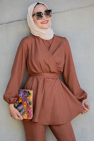 Tesettür Çarşım Bety Linen Cruiser Tunic Trousers Set-Brown