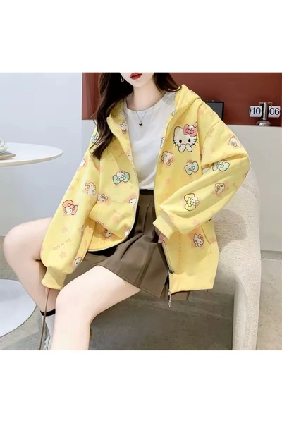 Violon Retro karikatür Hello Kitty tam baskı kazak Streetwear kadın hırka fer...