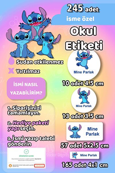 Sticker Ekspres Okul Etiketi Stitch Kalem Defter Etiketi Özel İsim Yazılabile...