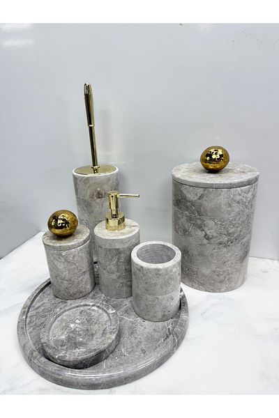 Modestmar Gray Marble Round Bathroom Set Set 7 Piece Disco Ball Gold