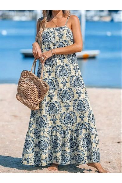 Viyamo New Season Women's Rope Strap Patterned Ruffle Single Jersey Dress