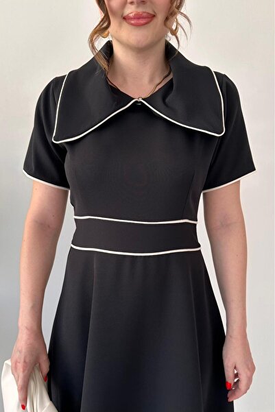 MaziButik Double Dress with Big Collar Black