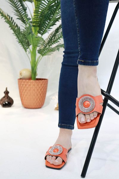 sermoda Γυναικείες καλοκαιρινές παντόφλες Flat Bottom Brooch Silicone Stone NW Orange