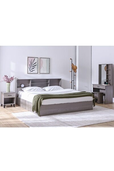 Danube Home Gamorah 180X200 King Bed Set+1 Nightstand+Dresser/Mirror & Stool-Warm Grey