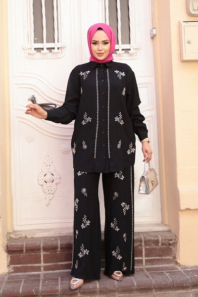 N.S NEVA STYLE Set dublu Hijab negru brodat cu margele 19030S