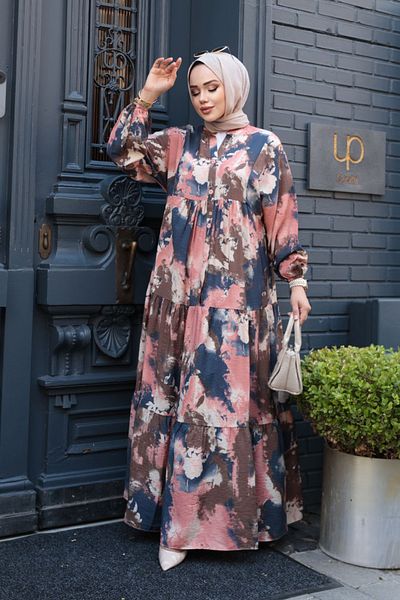 N.S NEVA STYLE Patterned Salmon Hijab Dress 19038Smn