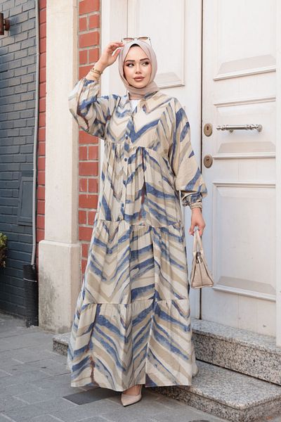 N.S NEVA STYLE Patterned Indigo Blue Hijab Dress 19036Im