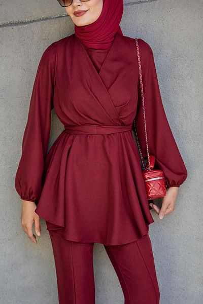 Tesettür Çarşım Bety Linen Cruiser Tunic Trousers Suit-Burgundy