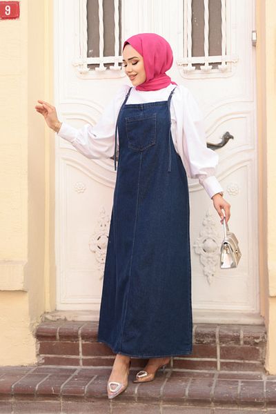 N.S NEVA STYLE Navy Blue Hijab Jeans Salopet Dress 19014L
