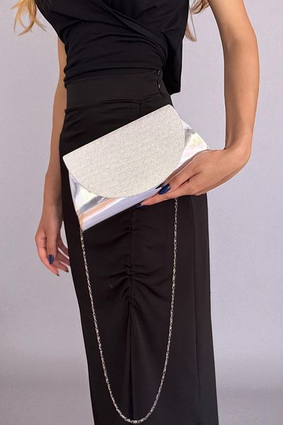 Classbag Women's Silver, Glitter Covered Patent Leather Look Chain Strap Clutch & Evening Bag