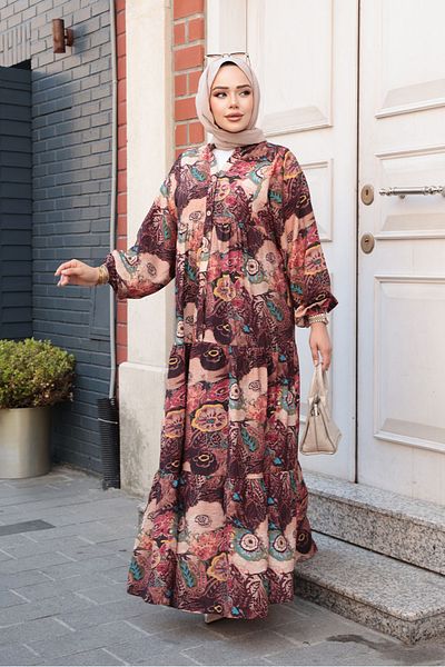N.S NEVA STYLE Patterned Burgundy Hijab Dress 19037Br